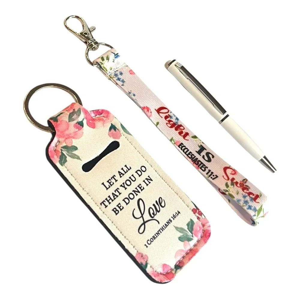 Religious Lip Balm Key Chain Women's Blue Floral Wristlet Scripture Set